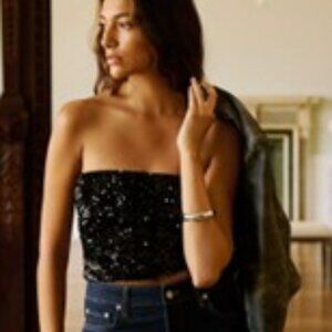 Tristan Iseut Sequin Tube Top stretchy black  70s Disco Top  glam
